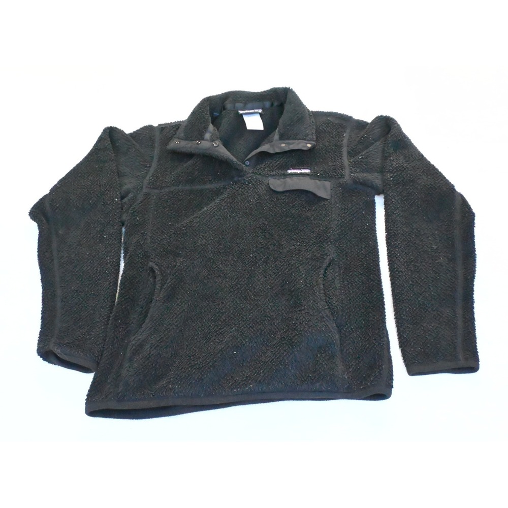 Patagonia Womens M Black Pile Fleece Pullover Snap Placket Chest Pocket Cozy